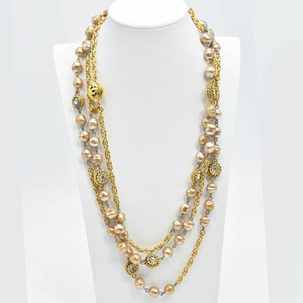 CHANEL CC Pearl & Diamond Extra Long Vintage Necklace 1980s w/Box - Picture 12 of 15